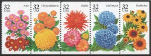 SC#2993-97 32¢ Fall Garden Flowers Booklet Pane of Five: No Tab (1995) MNH