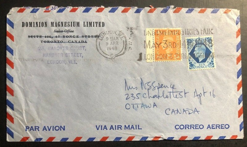 1948 London England Airmail Dominium Magnesium Cover To Ottawa Canada