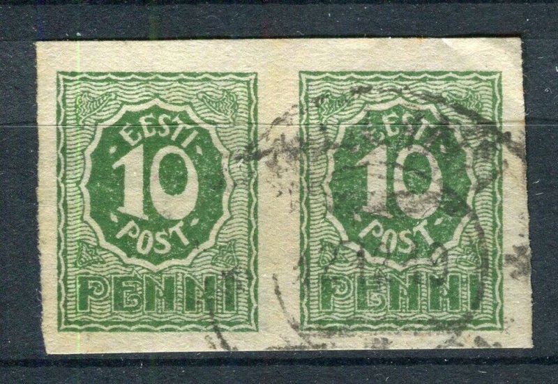 ESTONIA; 1919 early Pictorial Imperf issue fine used 10p. POSTMARK Pair