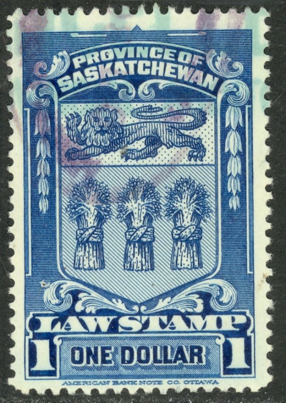 CANADA REVENUES SASKATCHEWAN 1938 $1.00 LAW STAMP VDM. SL51 VFU