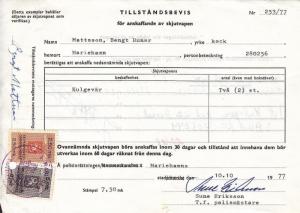 Finland: 1977 Permit to own a firearm W/Revenue (S12441)