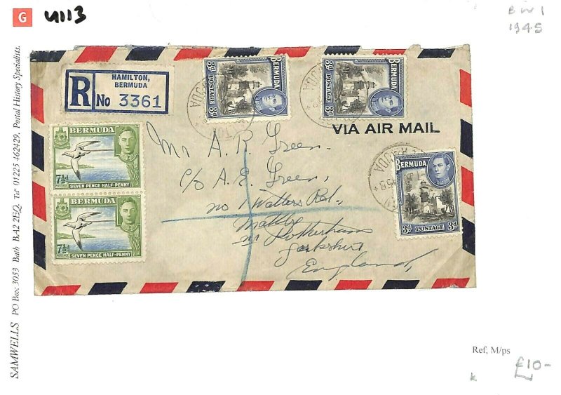 BERMUDA KGVI Air Mail Cover Registered Hamilton GB 1945 {samwells-covers}GU113