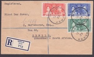 KENYA UGANDA TANGANYIKA 1937 Coronation set on registered cover ex MOLO.....X553