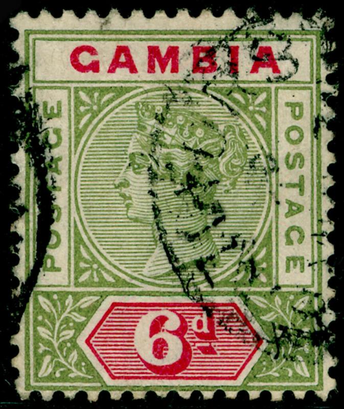 GAMBIA SG43, 6d Olive Green & Carmine, FINE USED. Cat £48.