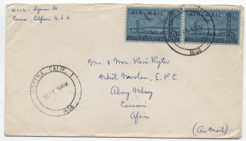 1958 Covina CA airmail to Cameroun 2x C36 overinked freak stamps  [1596]