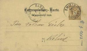 Austria 2kr Arms Postal Card 1887 Smidar, Smidary to Kolin, Bohemia.