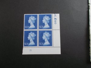 1970 50p Machin High Value in Plate Block of 4 (Plate 28) on Contractor's Paper