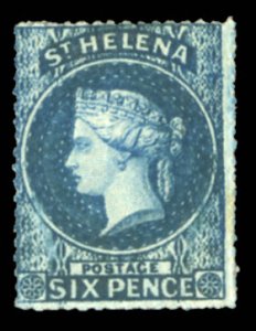 St. Helena #2B Cat$525, 1863 6p blue, rough perf. 14-15 1/2, hinged