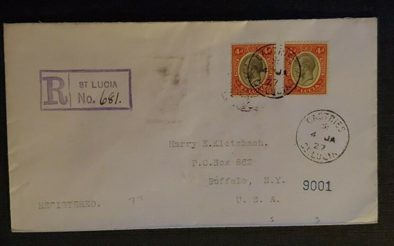 1927 Castries St Lucia Cover to Buffalo NY via New York City Registered Cover