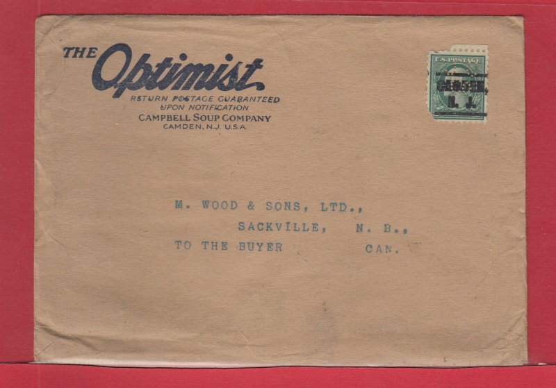 Campbell Soup Co. the Optimist CAMDEN N.J. perfin precancel Customs stamp Canada