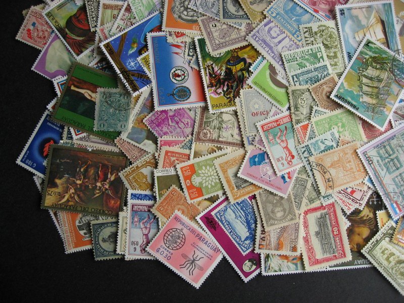 Paraguay scrap pile (duplicates, mixed cond) estimate 350 stamps