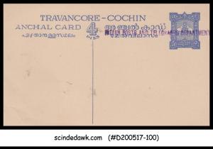 TRAVANCORE COCHIN - 4p INDIAN POSTS & TELEGRAPHS DEPT ANCHAL POSTCARD-USED BLUE