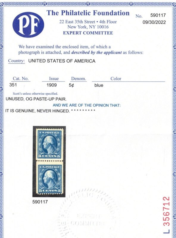 USA #351 Very Fine Never Hinged Paste Up Coil Pair Rich Intense Color *W\ Cert.*