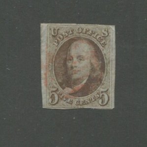 1847 United States Postage Stamp #1 Used Faded Red Cancel 