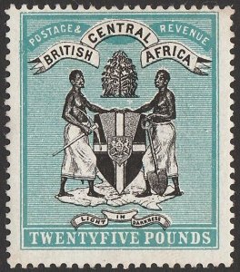 BRITISH CENTRAL AFRICA 1895 Arms £25 black & blue-green, top value, no wmk. Exp.