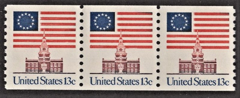 US 1625 MNH VF 13 Cent Flag Independance Hall Coil Strip of 3