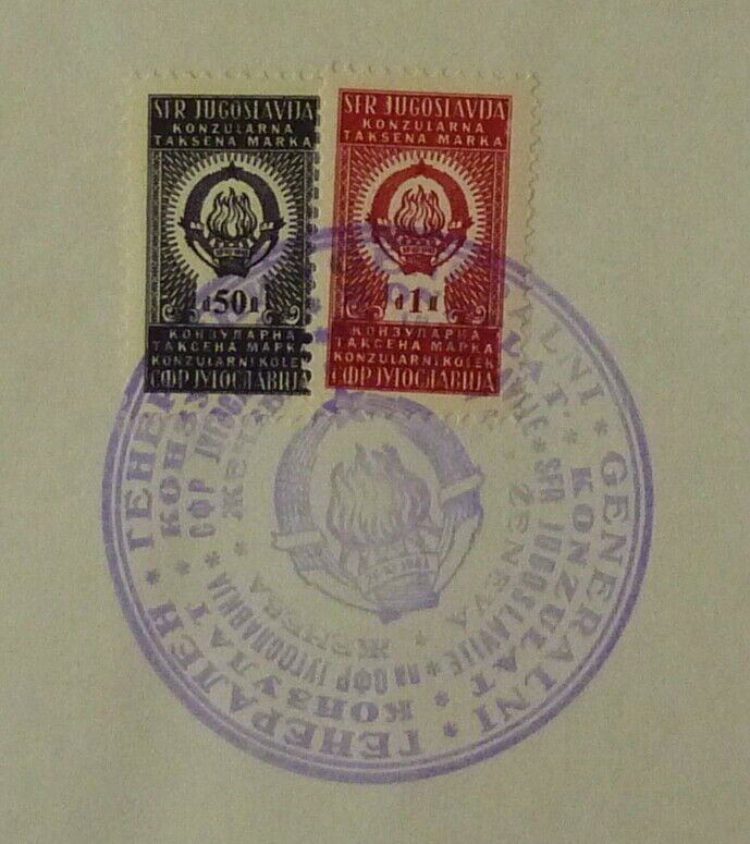 Yugoslavia 1977 Consular Revenue Stamps Used on Document B2