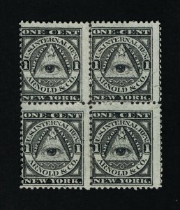 GENUINE SCOTT #RO14b PRIVATE DIE ARNOLD & CO MATCH SILK PAPER BLOCK OF 4 STAMPS