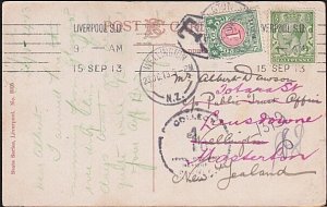 NEW ZEALAND 1913 postcard ex GB - redirected and charged 1d Postage due....B2489