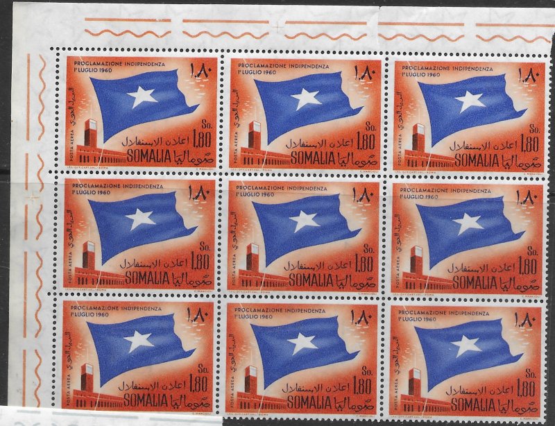 Somalia #243,244,C70,C71.  MNH Corner Blocks of 9.  Somalia Independence 1960