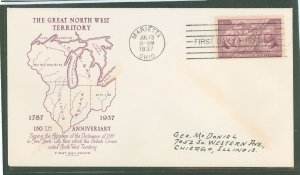 US 795 1937 3c northwest territory 150th anniversary, single on an addressed fdc with a grimsland cachet