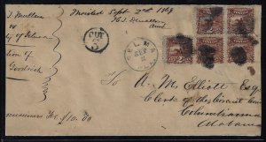 Scott #113 - $950.00 – Fine – Scarce block of 5 on 1869 cover to Columbianna, AL
