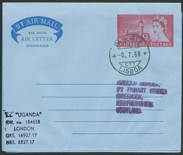 PORTUGAL 1968 GB Aerogramme PAQUETE / LISBOA cds SS Uganda cachet..........47965