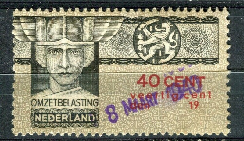 NETHERLANDS; 1940 early Omzetbelasting Revenue issue fine used 40c. value