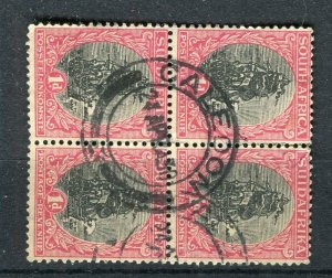 SOUTH AFRICA; 1920s-30s Dromedarius issue 1d. fine used POSTMARK BLOCK of 4