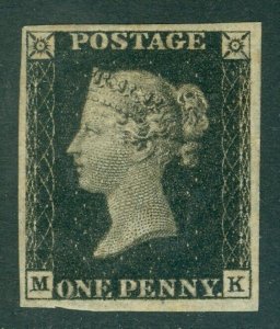 SG 2 1d black plate 8 lettered MK. Very lightly mounted mint. 4 fine margins...