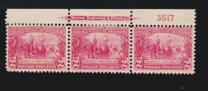 US 329 2c Jamestown Exposition Mint Top Plt #3517 Strip of 3 F-VF OG H SCV $105