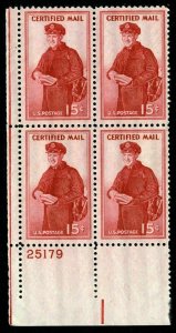 US Scott FA1 Certified mail Plate Block of 4 Mint NH 