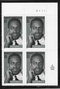 US#3273 $0.33 Malcom X plate block of 4(MNH) CV $4.00