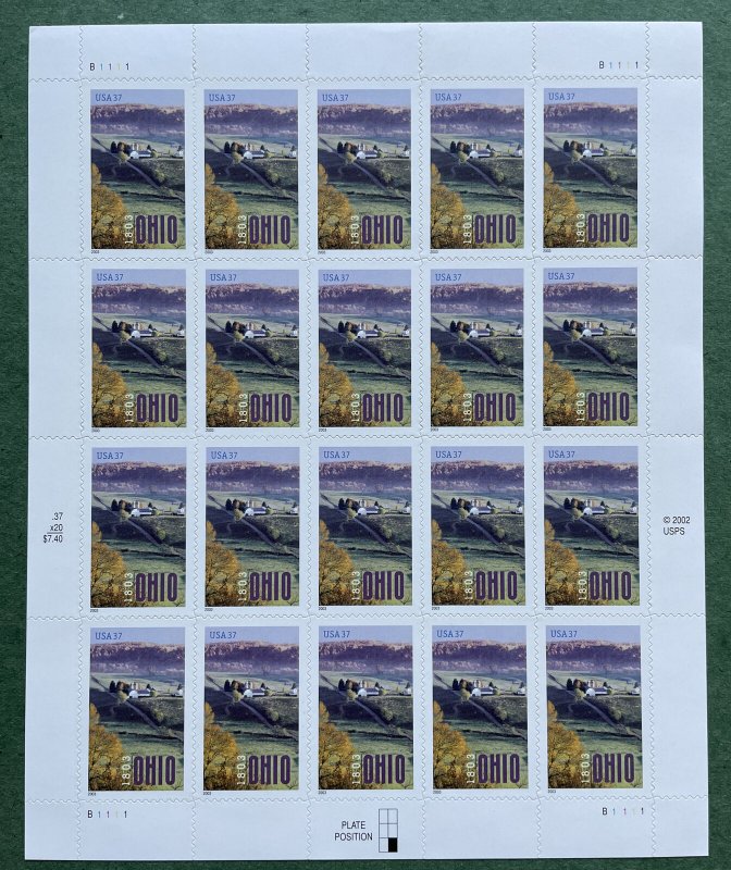 Scott 3773 OHIO STATEHOOD Pane of 20 US 37¢ Stamps MNH 2003