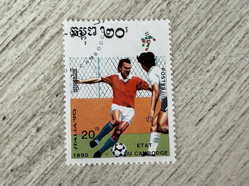 Cambodia #1016 Used, 20r, 1990 World Cup Soccer Championships,  2024 SCV $0.20