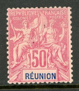 Reunion 1892 French 50¢ Peace & Colonial Scott #50 BLUE Inscription Mint T529