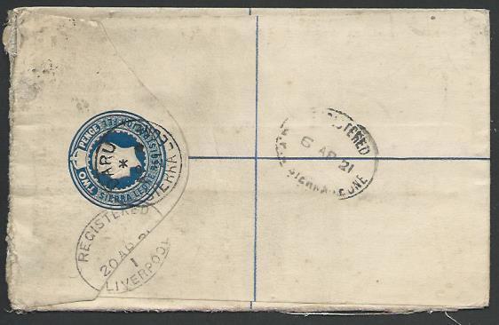 SIERRA LEONE 1921 GV 2d registered envelope used DARU to UK, ..............56978