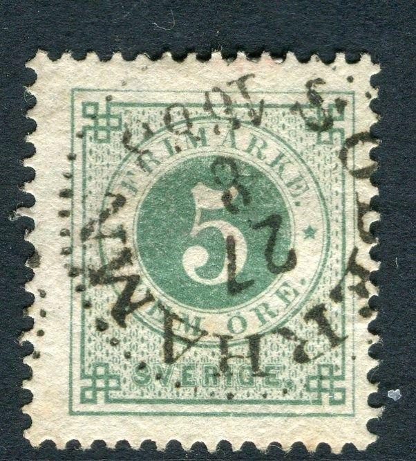 SWEDEN;  1872 classic issue( no posthorn ) fine used 5ore. value, Postmark