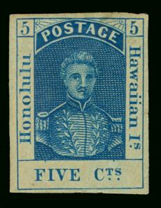 HAWAII  1853  King KAMEHAMEHA III  5c dark blue  Scott # 5 mint MH VF - Scarce