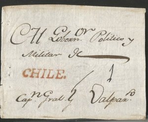 O) 1788 circa, CHILE, PREPHILATELIC - PRESTAMP, CHILE MARK IN RED, ADDRESSE TO J