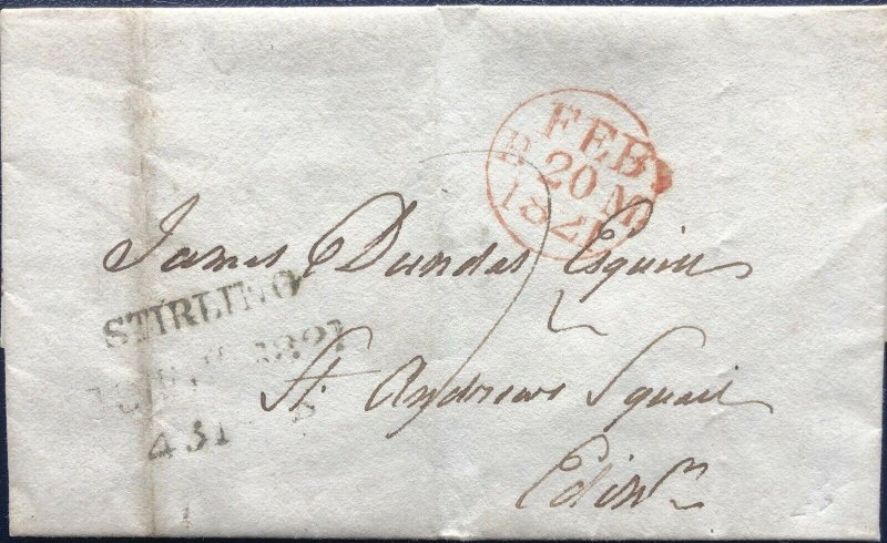 GB 1821 PRE-STAMP SCOTTISH WRAPPER FROM STIRLING TO EDINBURGH DT 19TH FEB 1821.