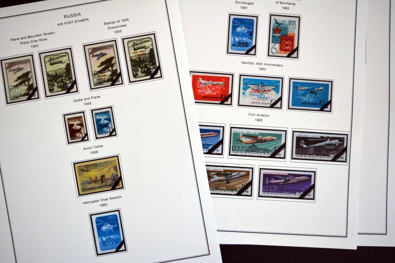 COLOR PRINTED RUSSIA AIRMAIL 1922-1979 STAMP ALBUM PAGES (16 illustrated pages)