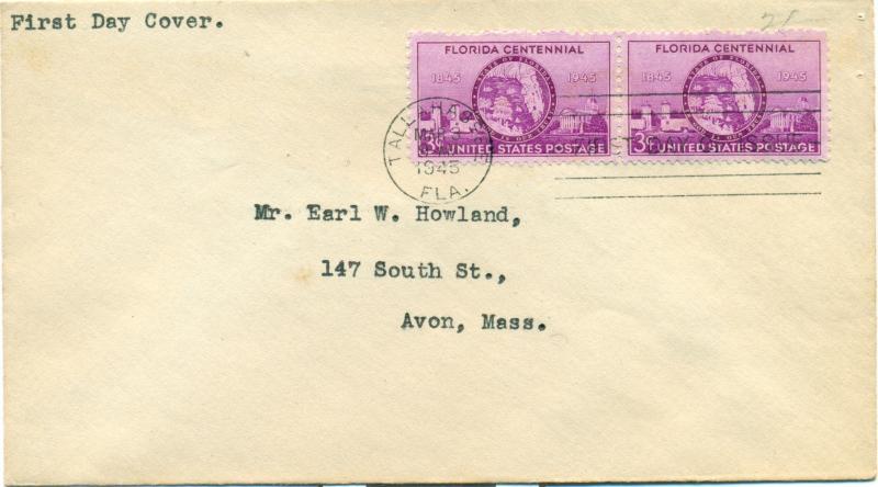 SCOTT # 927 FDC, FLORIDA, NO CACHET, TYPED ADDRESS, GREAT PRICE!