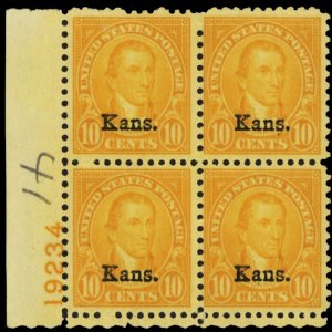 668, Mint NH F-VF 10¢ Kansas Plate Block of Four - Stuart Katz