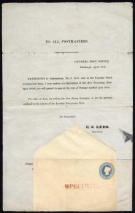 PN4 April 1841 Postal Notice with 2d Envelope opt SPECIMEN cat 3800 pounds