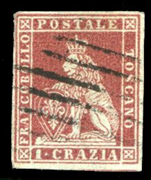 Italian States, Tuscany #4 Cat$145, 1851 1cr carmine, used, margins all around