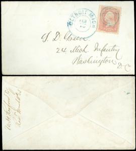 1865, Light Blue Dbl Cir Duplex DETROIT MICH CDS to INFNTRY SOLDIER, WASH DC #65