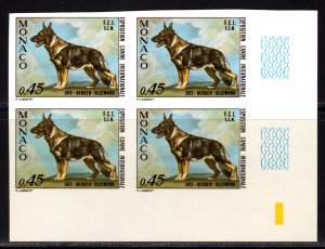 Monaco 1973 Sc#879 DOG GERMAN SHEPHERD Corner Block of 4 IMPERFORATED MNH