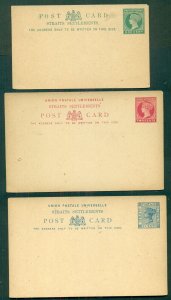 STRAITS SETTLEMENTS, Early Postal cards, 3 diff, unused, VF