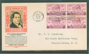 US 782 1936 3c Arkansas Statehood Centennial single on an addressed, typed, FDC with a Laird Cachet